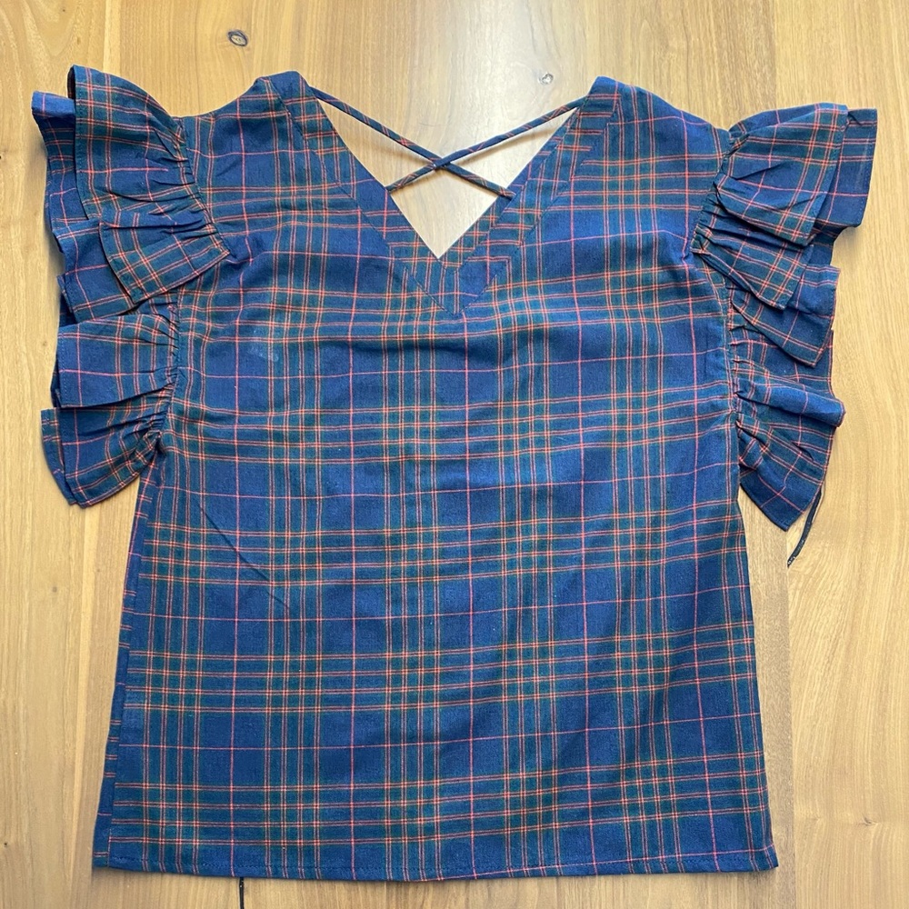 Plaid Ruffle Sleeve Button Up Top - Picture 6 of 9